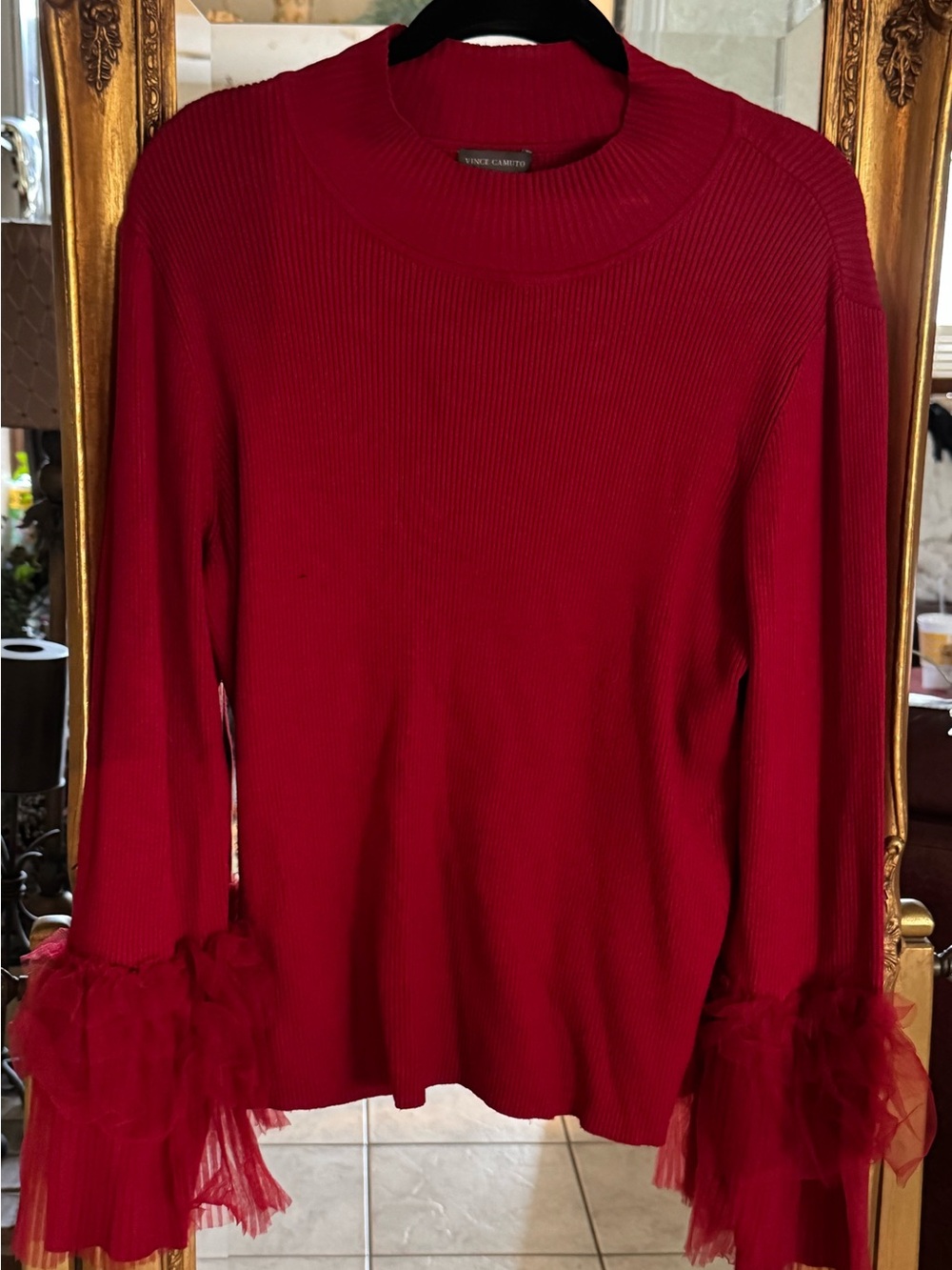 Vince Camuto Red Ribbed Sweater with Tulle Ruffle Cuffs
